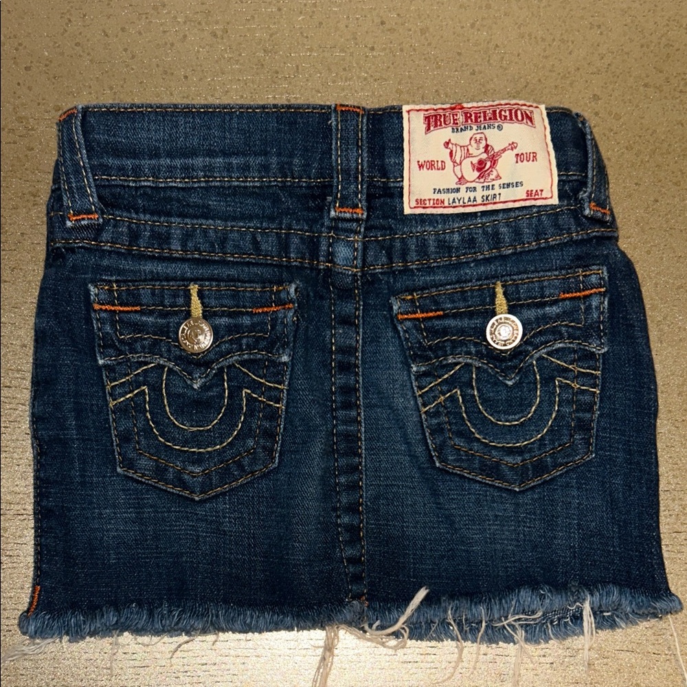 True Religion Blue Denim Skirt with Frayed Hem